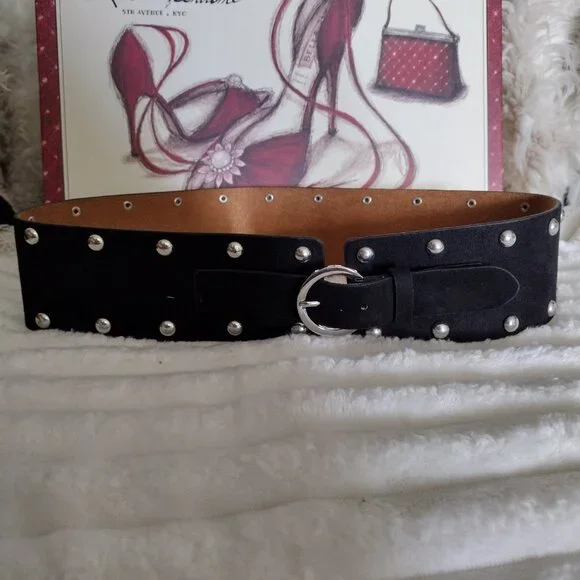 Black Studded Suede-Look Belt Silver Studs Round Buckle Statement Fashion Belt - Picture 3 of 8